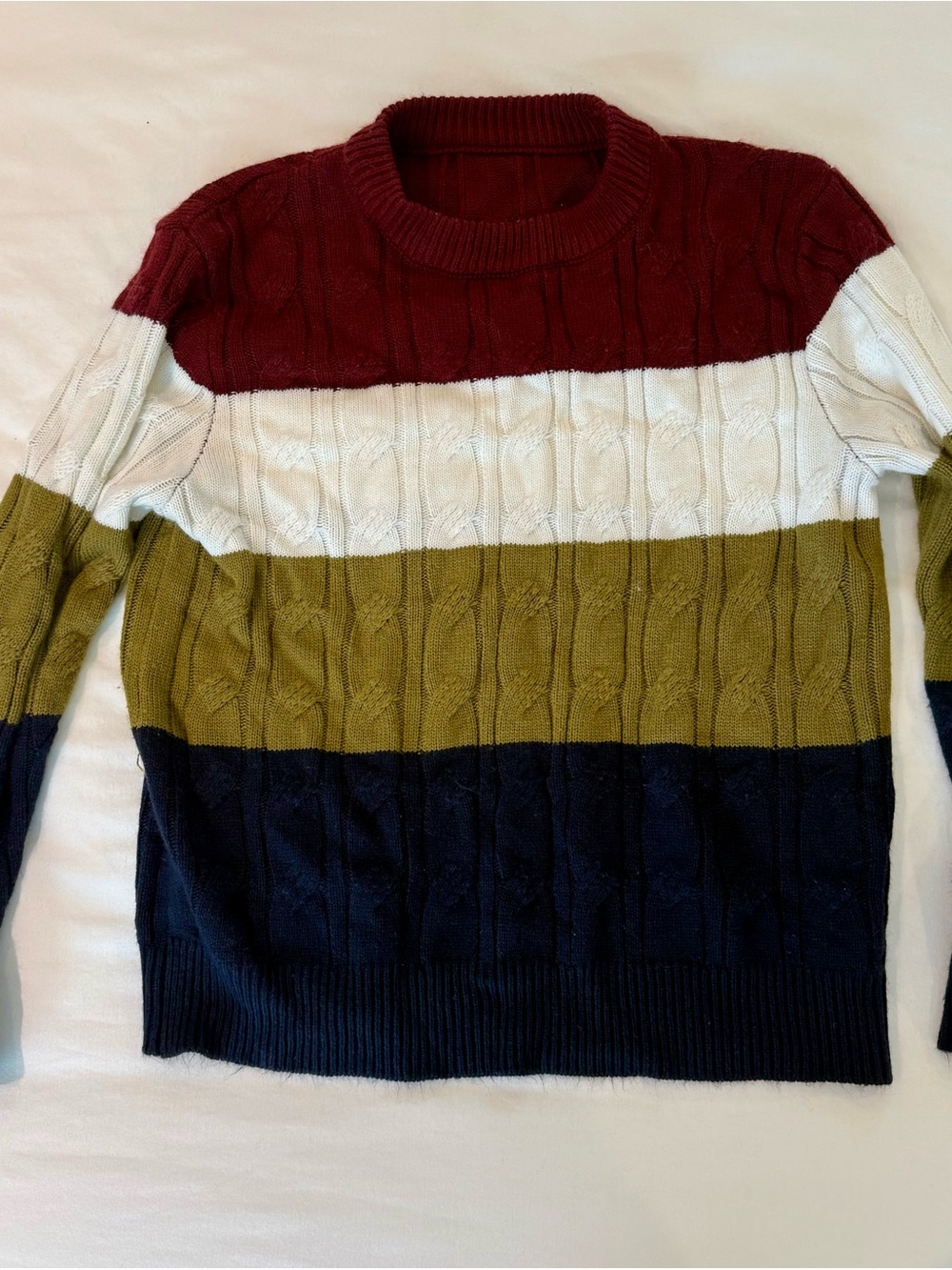Men's Crewneck Cable Knit Sweater in Burgundy, White, Olive & Navy